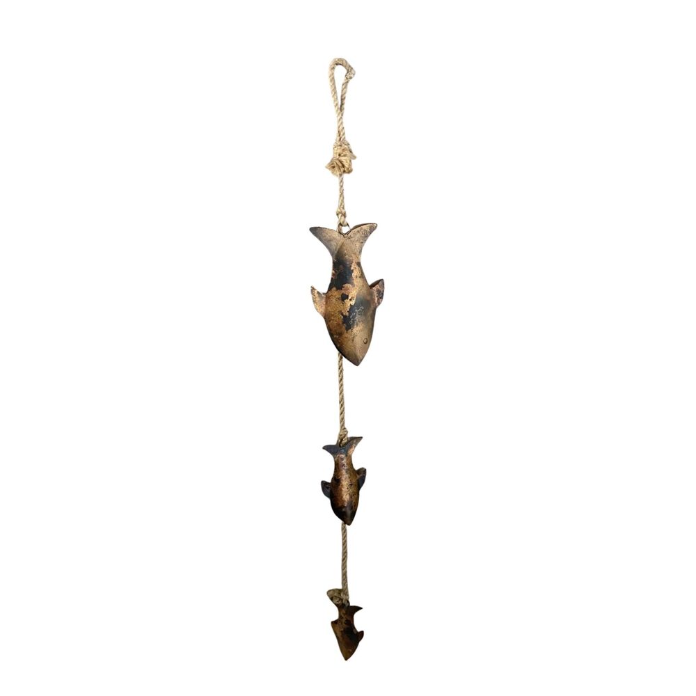 Fisherman’s Catch Metal Fish Rope Chime Copper Tone 45” Coastal Decor